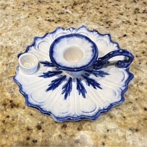 Staffordshire Ironstone Blue & White Floral Round Candle Holder with Handle